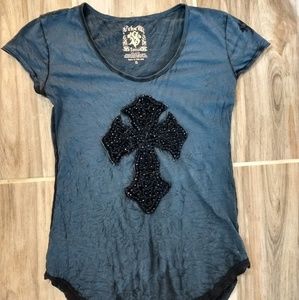 Blue sequins cross t-shirt